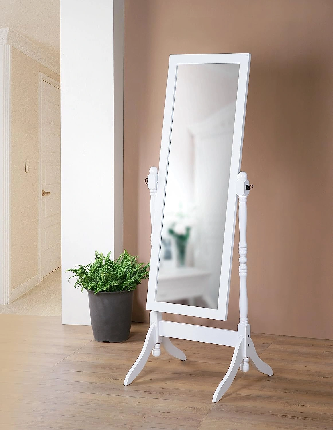 White Twisted Post Floor Mirror: Chic Bedroom Essential.