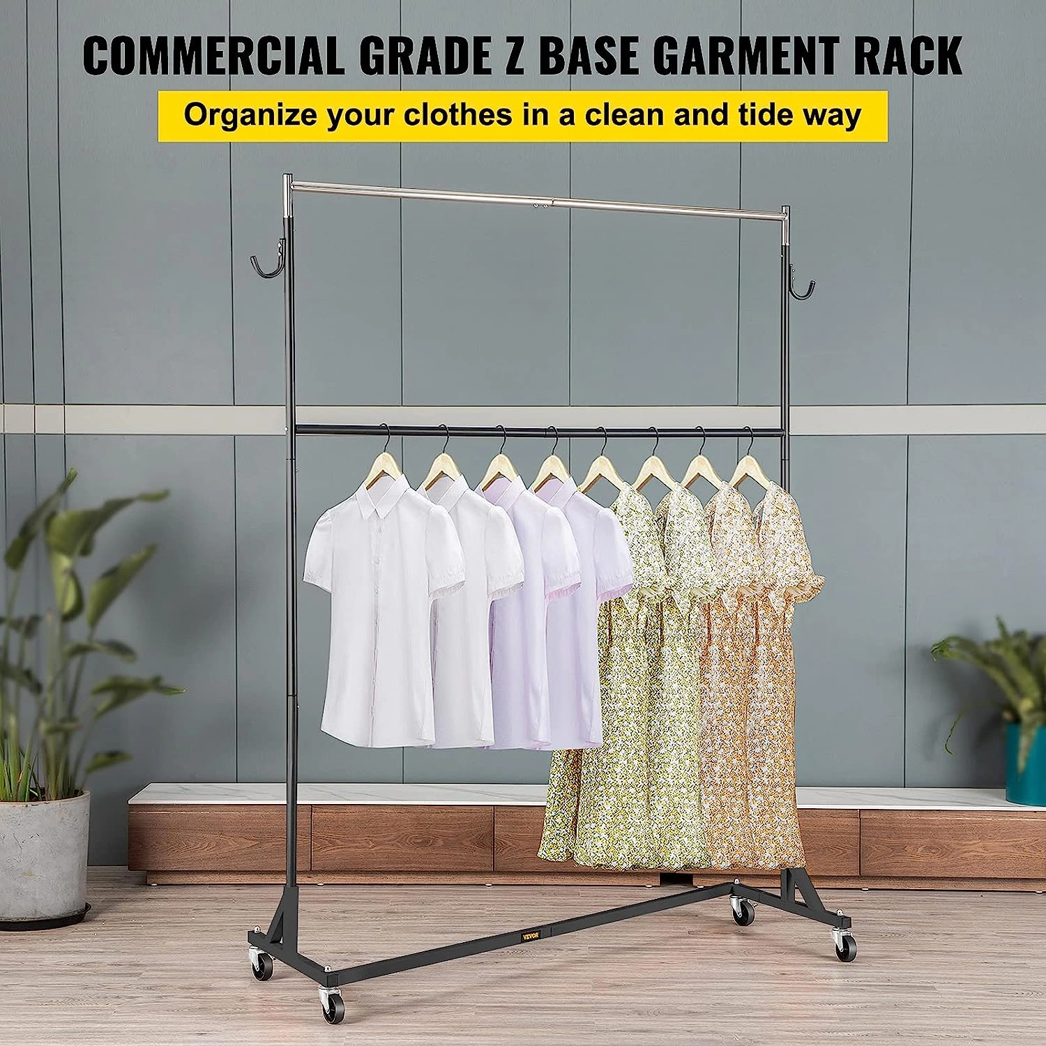 Rolling Z Rack: Industrial Strength Clothes Storage. Height Adjustable, Stylish Black. Holds Up to 300lbs. Perfect for Home or Store.